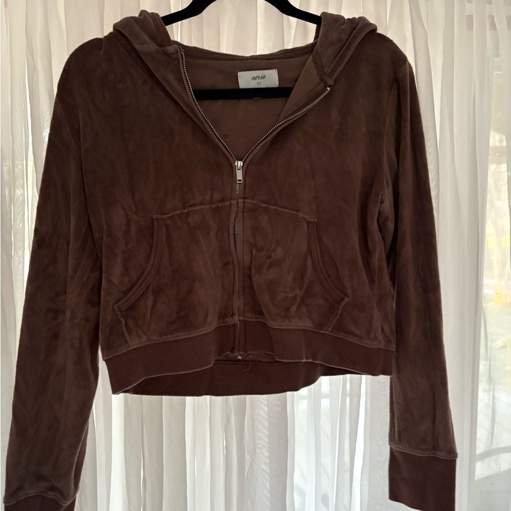 Aerie Taupe Zip-Up Hoodie